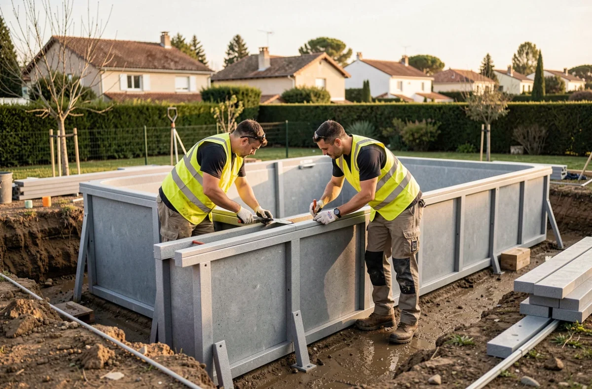 Techniciens Piscinéa Toulouse installant un kit de piscine modulaire en panneaux composites dans un jardin résidentiel