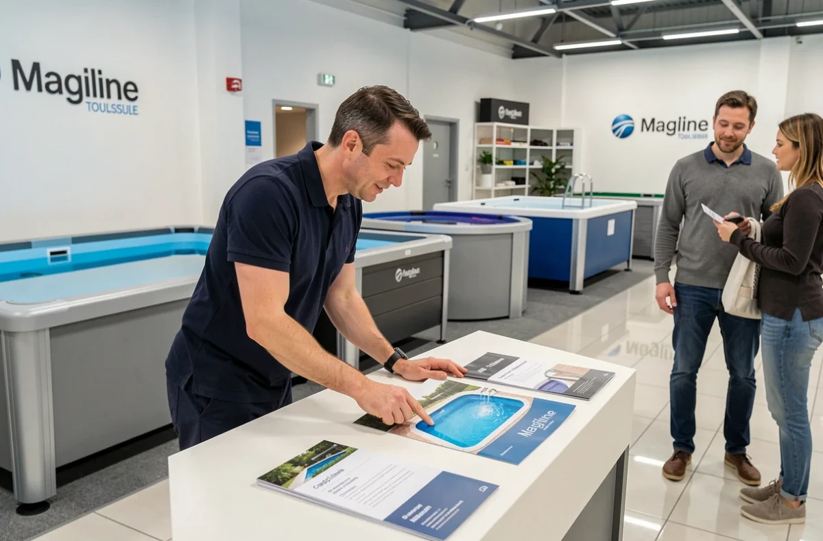 Conseiller commercial Piscines Magiline Toulouse présentant des modèles de piscines dans un showroom moderne