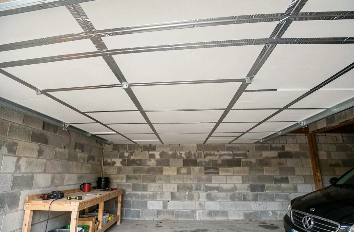 Plafond de garage entièrement isolé avec des panneaux isolants rigides posés et joints avec du ruban aluminium en une journée