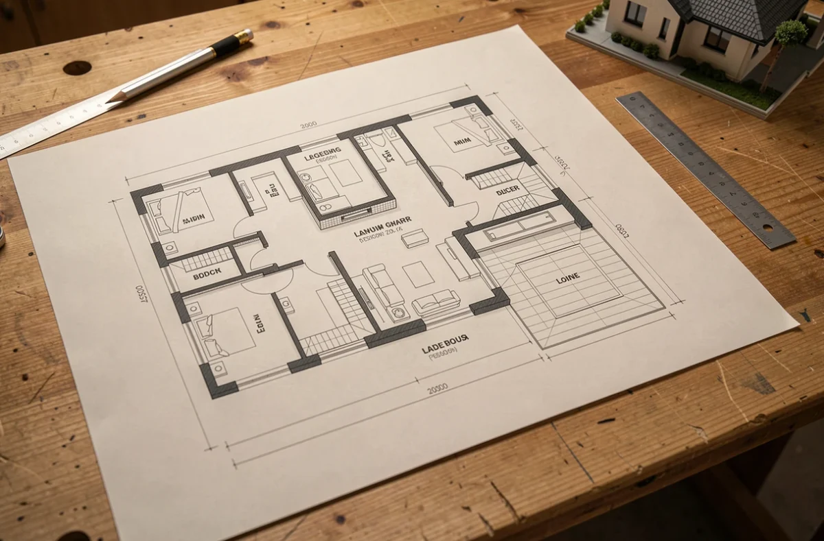 Plan de maison en L 4 chambres avec garage intégré dessiné sur table d'architecte