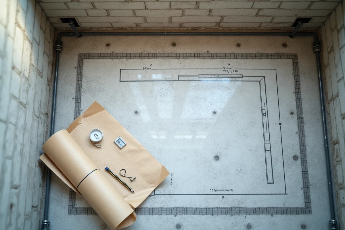 Plan de conception au sol d'une salle de bain en rénovation avec mesures tracées à la craie pour l'emplacement de la douche