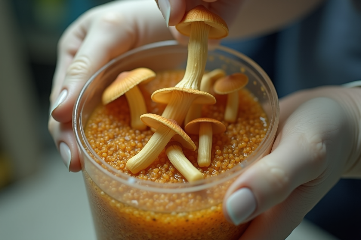 Mains plantant des spores de chanterelles dans un tube humide