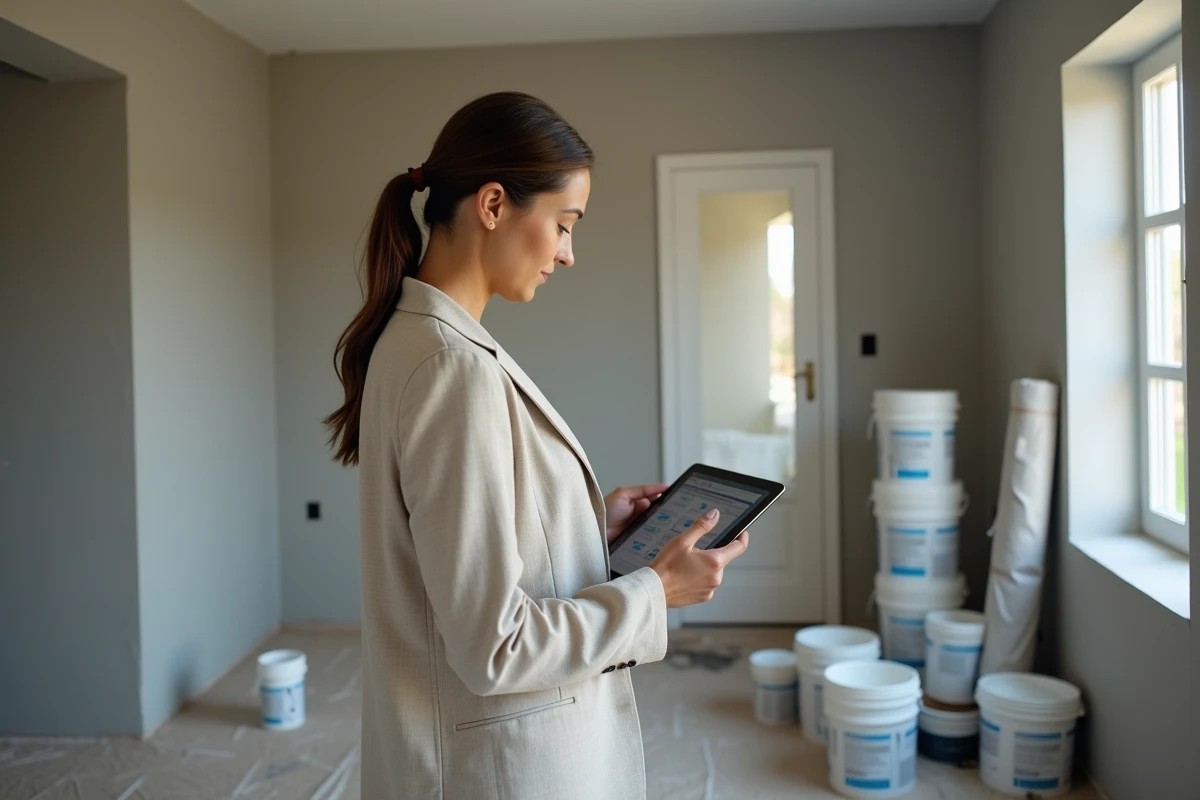 Femme consultant une plateforme de devis travaux sur tablette dans un salon en cours de rénovation complète