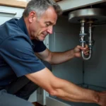Plombier inspectant un raccord de tuyau d'évacuation lave-vaisselle sous un évier de cuisine