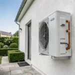 Unité extérieure de pompe à chaleur air-air installée sur la façade d'une maison individuelle française
