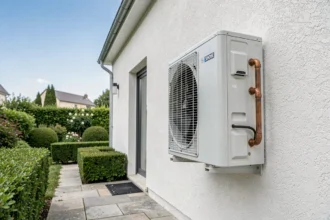 Unité extérieure de pompe à chaleur air-air installée sur la façade d'une maison individuelle française