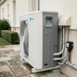 Pompe à chaleur air-eau Daikin installée sur façade extérieure d'une maison résidentielle française