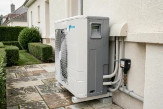 Pompe à chaleur air-eau Daikin installée sur façade extérieure d'une maison résidentielle française