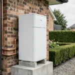 Pompe à chaleur monobloc installée sur le mur extérieur d'une maison contemporaine avec tuyauterie cuivre et conduits isolés