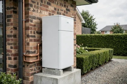 Pompe à chaleur monobloc installée sur le mur extérieur d'une maison contemporaine avec tuyauterie cuivre et conduits isolés