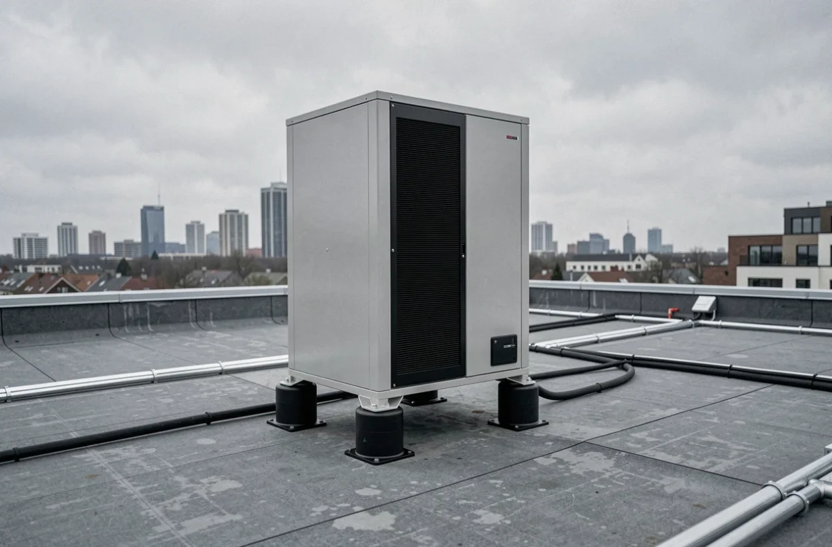 Pompe à chaleur montée sur silent blocs antivibratoires en toiture d'immeuble résidentiel urbain