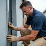 Poseur professionnel alignant une cornière aluminium sur un angle de mur extérieur avec précision