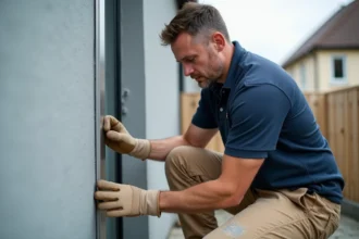Poseur professionnel alignant une cornière aluminium sur un angle de mur extérieur avec précision