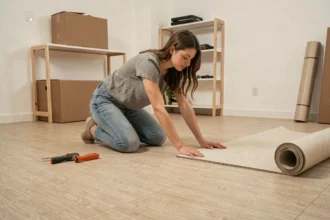 Jeune femme posant du lino pas cher dans un appartement lors d'une première rénovation
