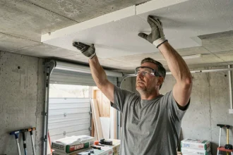 Homme posant un panneau isolant rigide au plafond d'un garage lors d'une installation DIY en une journée