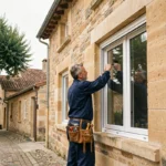 Poseur de fenêtres professionnel mesurant un cadre de fenêtre sur une maison en pierre de Bourgogne