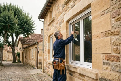 Poseur de fenêtres professionnel mesurant un cadre de fenêtre sur une maison en pierre de Bourgogne