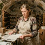 Femme préparant des objets de collection dans une cave en pierre pour une brocante dans l'Ain