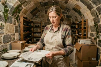 Femme préparant des objets de collection dans une cave en pierre pour une brocante dans l'Ain