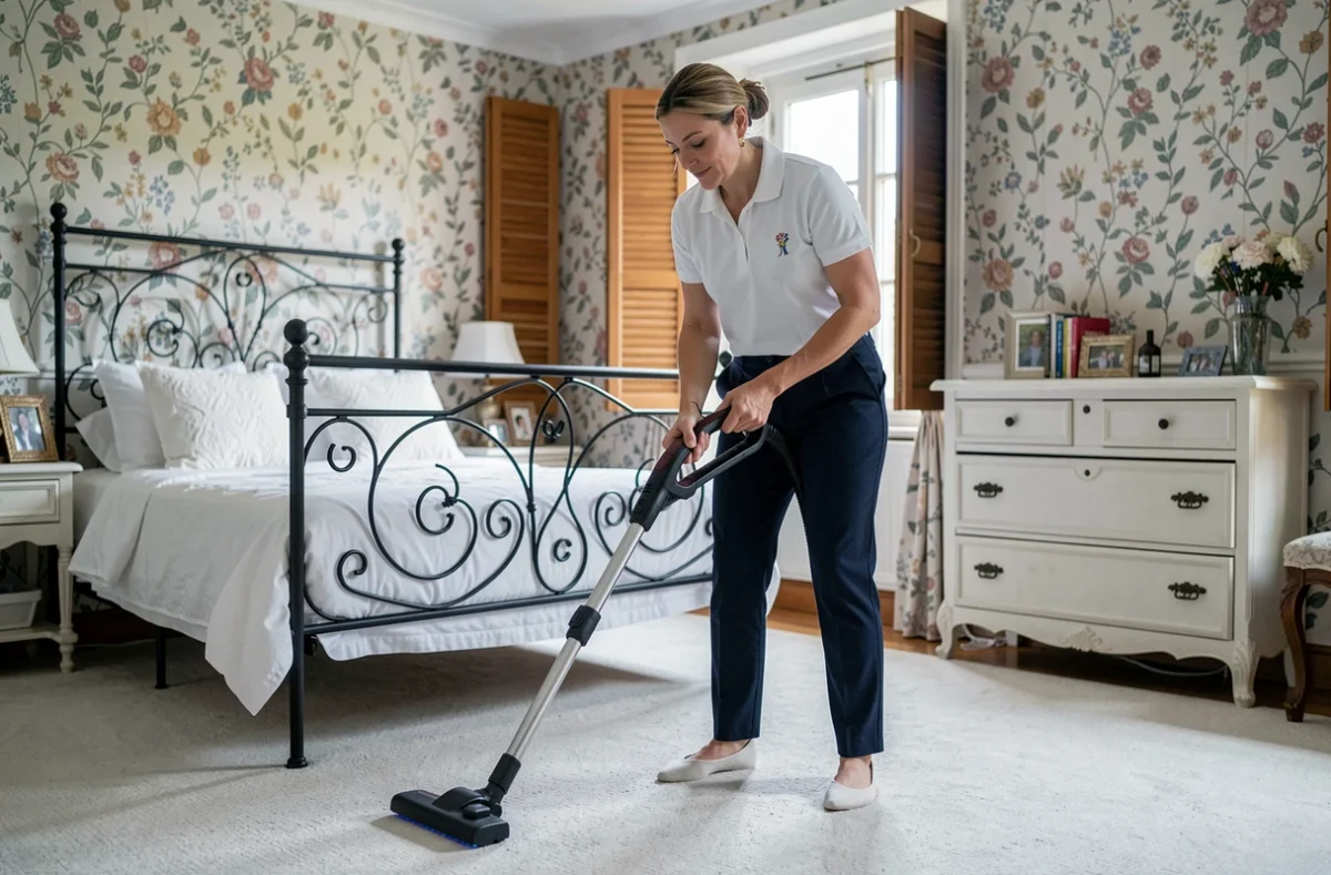 Prestataire de ménage professionnel passant l'aspirateur dans une chambre à coucher d'une maison à Pau