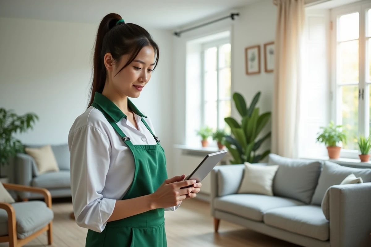 Prestataire Wecassa vérifiant une liste de contrôle d'entretien sur tablette dans un salon moderne
