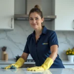Professionnelle de l'entretien ménager Wecassa nettoyant le plan de travail d'une cuisine moderne