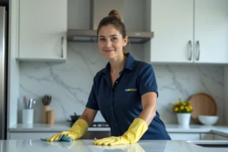 Professionnelle de l'entretien ménager Wecassa nettoyant le plan de travail d'une cuisine moderne