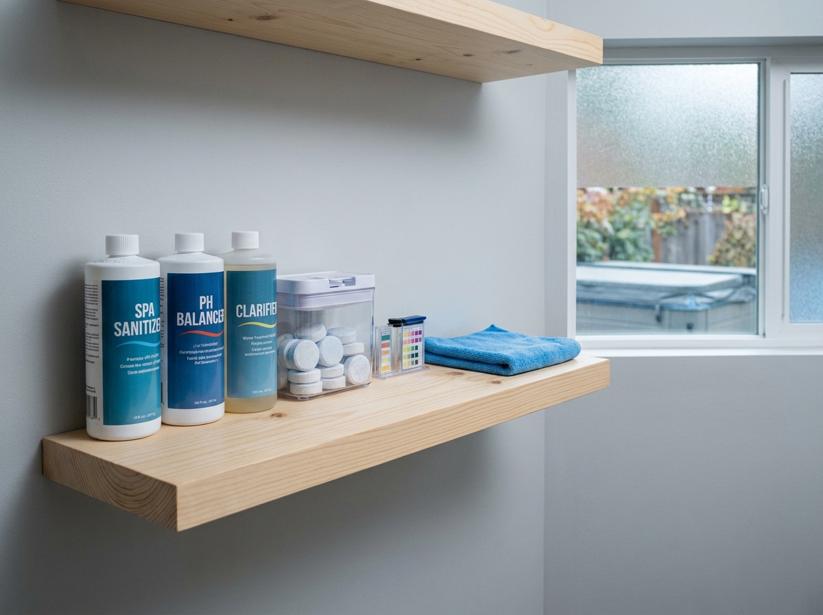 Étagère organisée de produits d'entretien pour spa, aussi simple et intuitive qu'une tablette de lave-vaisselle
