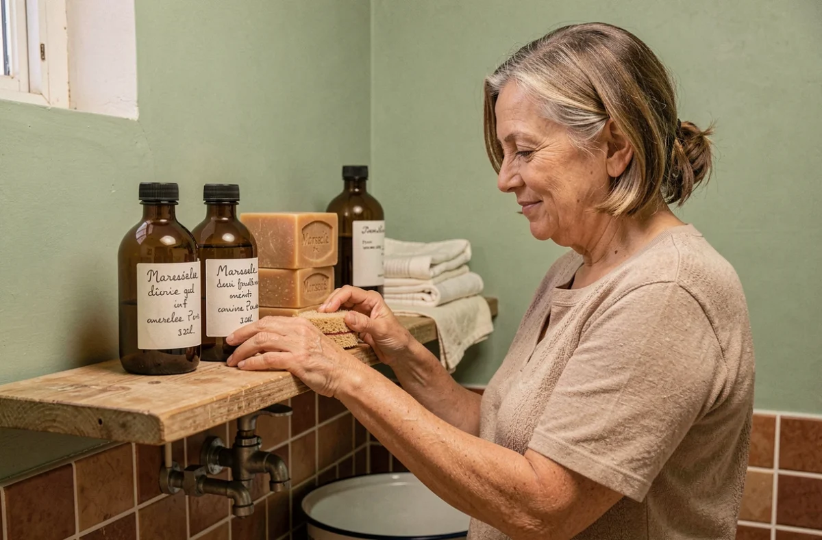 Femme rangeant des produits ménagers écologiques faits maison dans un cellier avec savon de Marseille, bicarbonate et chiffons réutilisables