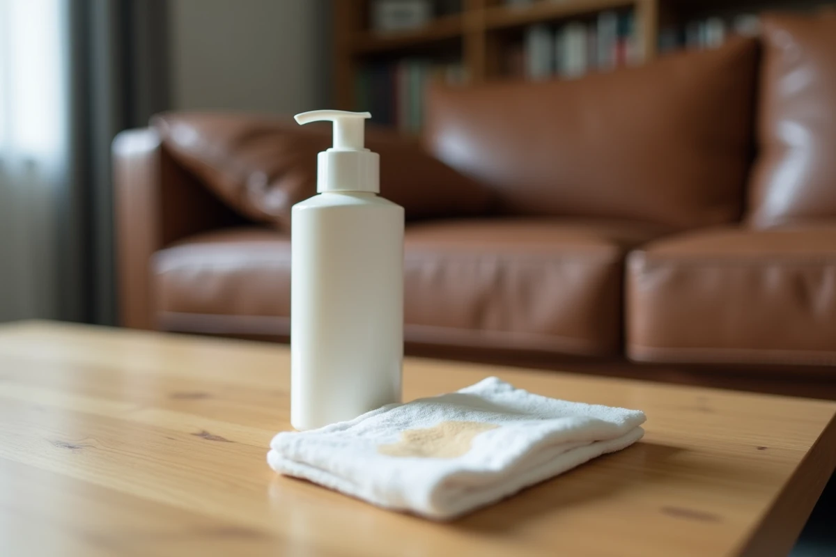 Gros plan sur du lait démaquillant et un coton posés sur un canapé en cuir marron foncé