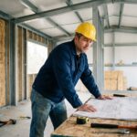 Professionnel du bâtiment étudiant des plans architecturaux dans une structure en kit métallique en cours de montage
