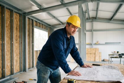 Professionnel du bâtiment étudiant des plans architecturaux dans une structure en kit métallique en cours de montage