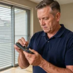Homme programmant une télécommande Somfy RTS en appuyant sur le bouton de reset dans un salon moderne avec volet roulant en arrière-plan
