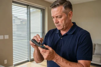 Homme programmant une télécommande Somfy RTS en appuyant sur le bouton de reset dans un salon moderne avec volet roulant en arrière-plan