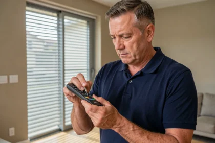 Homme programmant une télécommande Somfy RTS en appuyant sur le bouton de reset dans un salon moderne avec volet roulant en arrière-plan