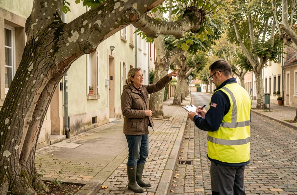 Propriétaire discutant avec un agent municipal de l'obligation d'élagage des branches dépassant sur la voie publique