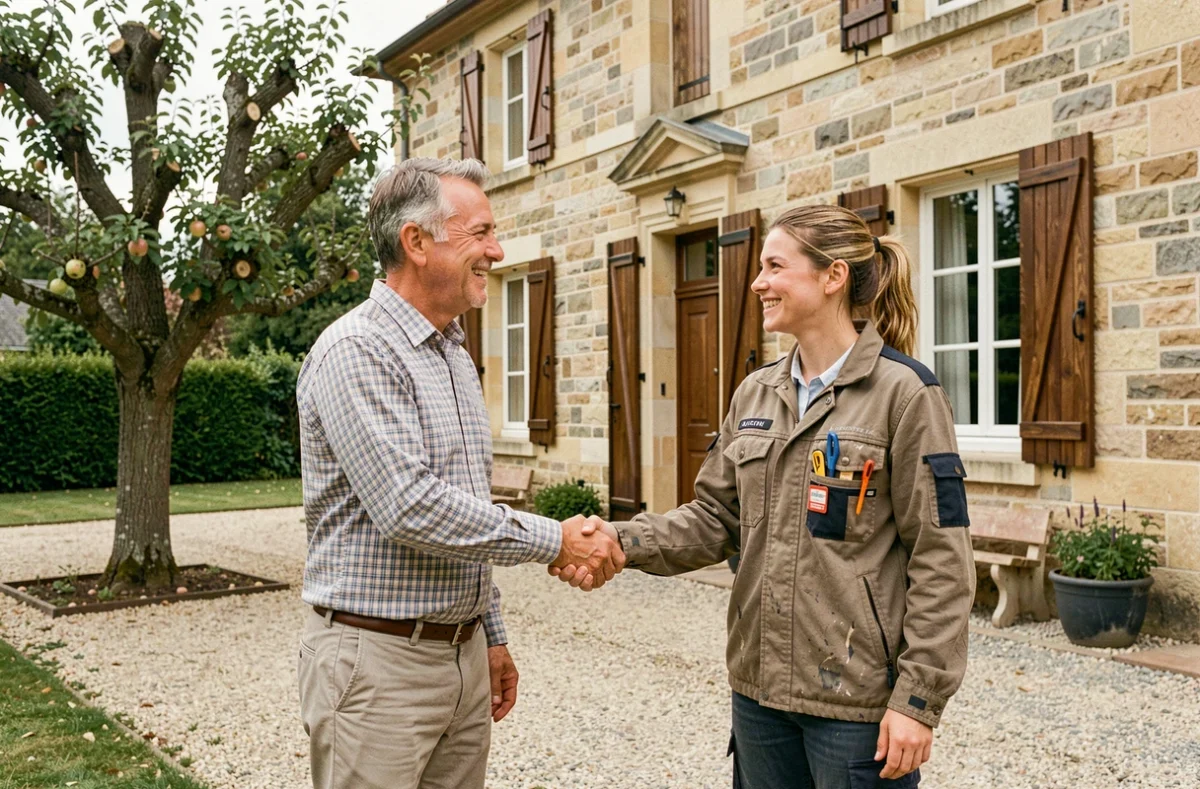 Propriétaire et élagueure professionnelle se serrant la main devant une maison normande à Caen après accord sur une prestation d'élagage