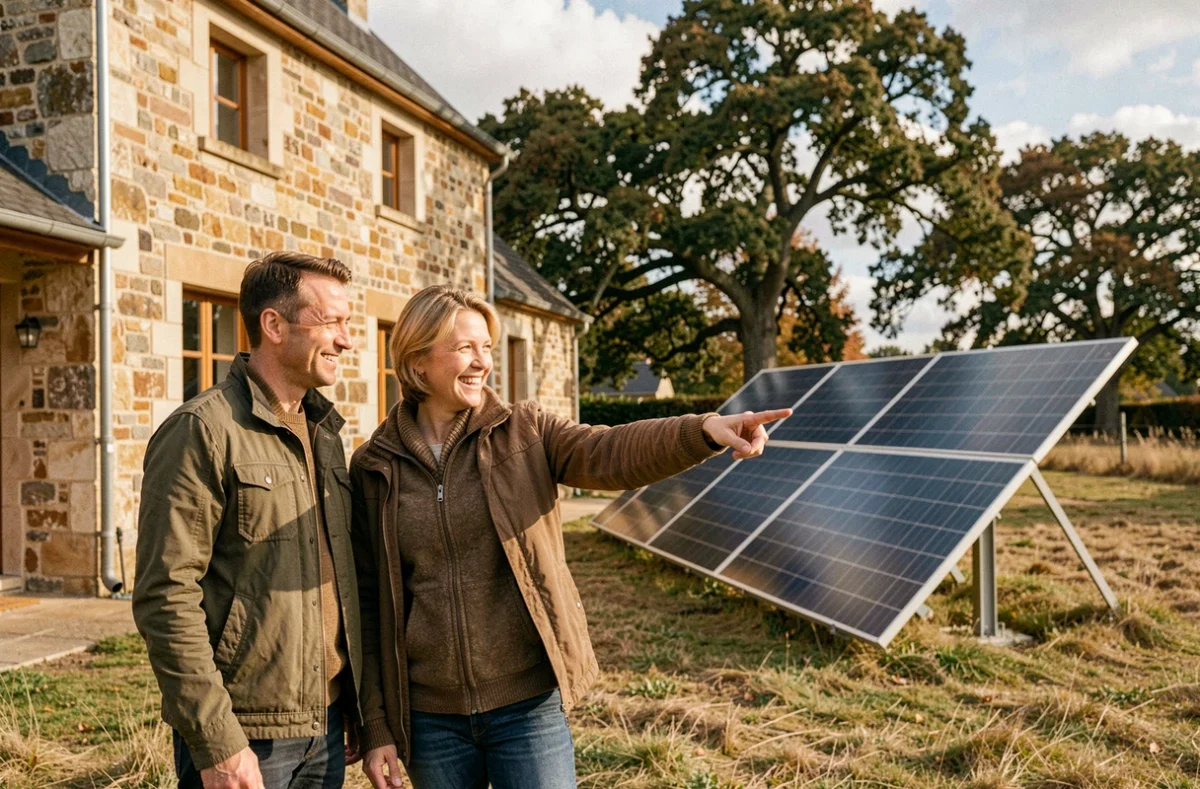 Couple de propriétaires devant leur installation solaire 1000W en maison de campagne française