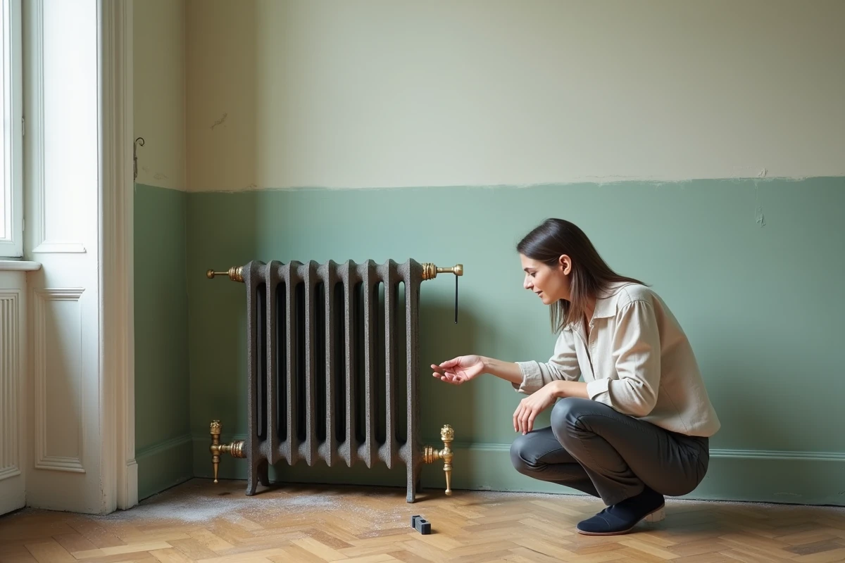 Radiateur en fonte installé avec des supports muraux en laiton dans un appartement haussmannien rénové