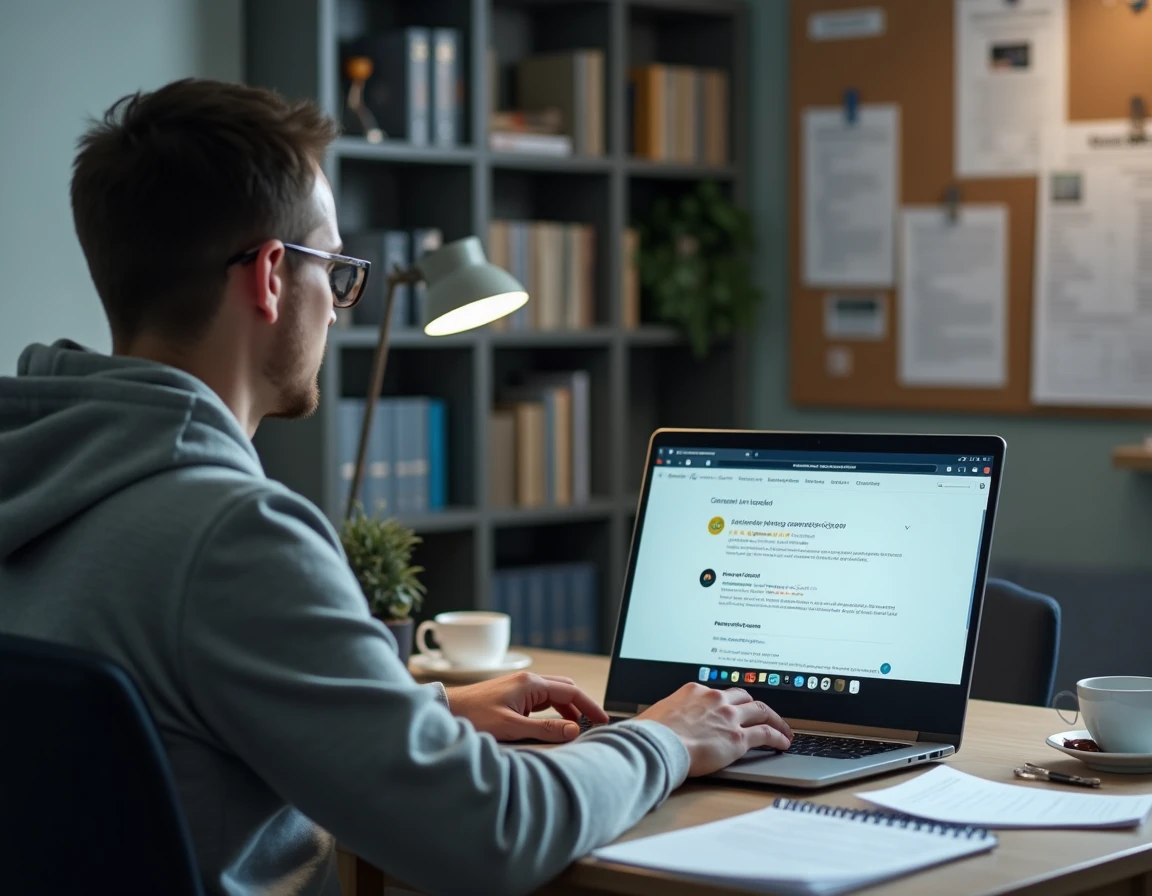 Personne recherchant des avis en ligne sur des entreprises de débarras pour éviter les escroqueries