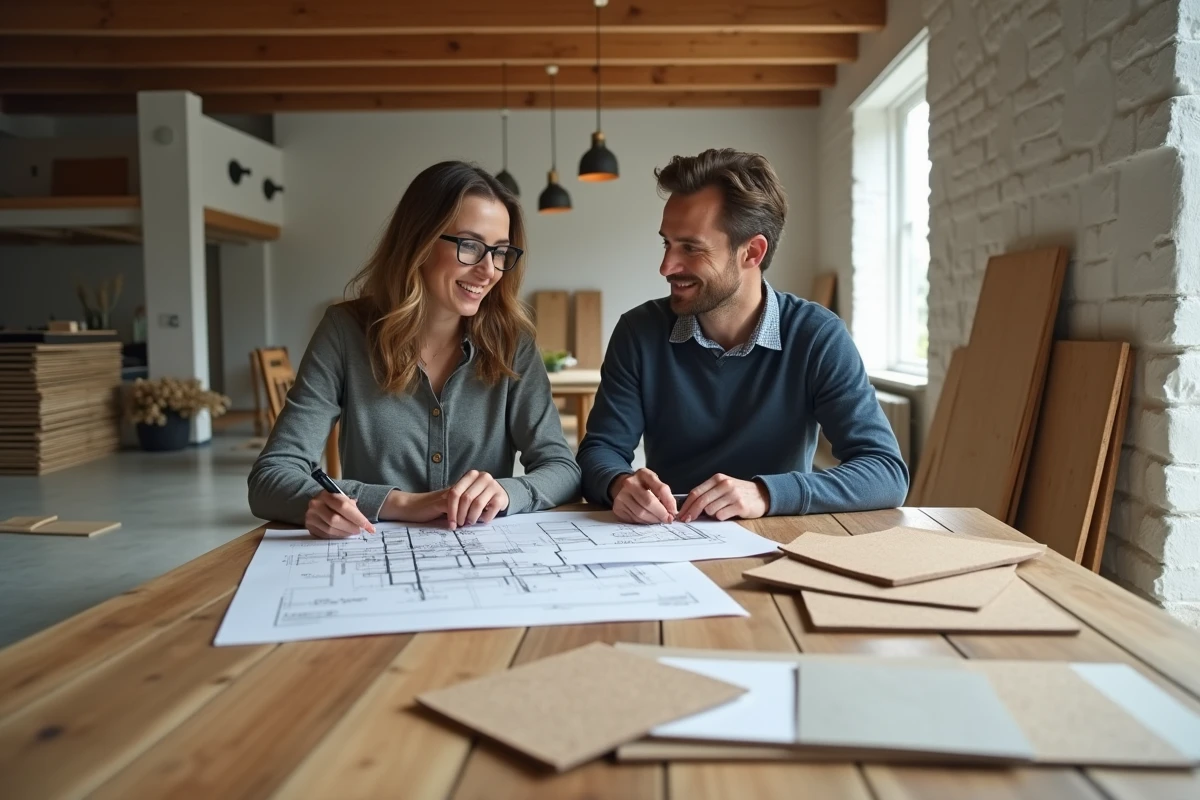 Couple examinant des matériaux écologiques et des plans de rénovation dans une maison en cours de transformation durable