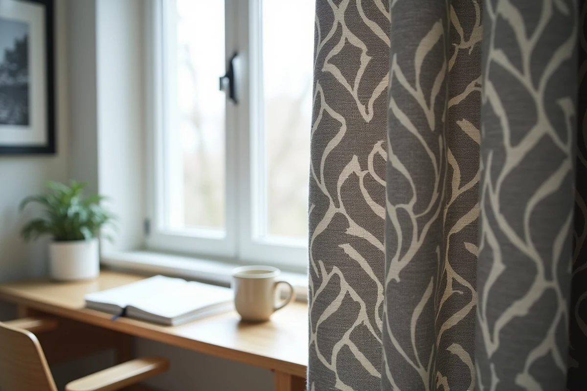 Gros plan sur un rideau occultant à motif rayé dans un petit bureau à domicile, détail du tissu et de la texture
