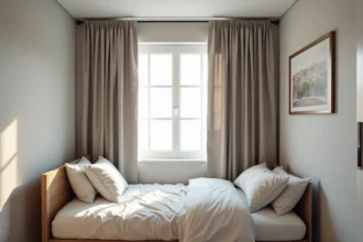 Petite chambre avec rideau occultant à motif géométrique en beige et gris pour agrandir visuellement l'espace