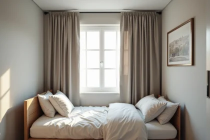 Petite chambre avec rideau occultant à motif géométrique en beige et gris pour agrandir visuellement l'espace