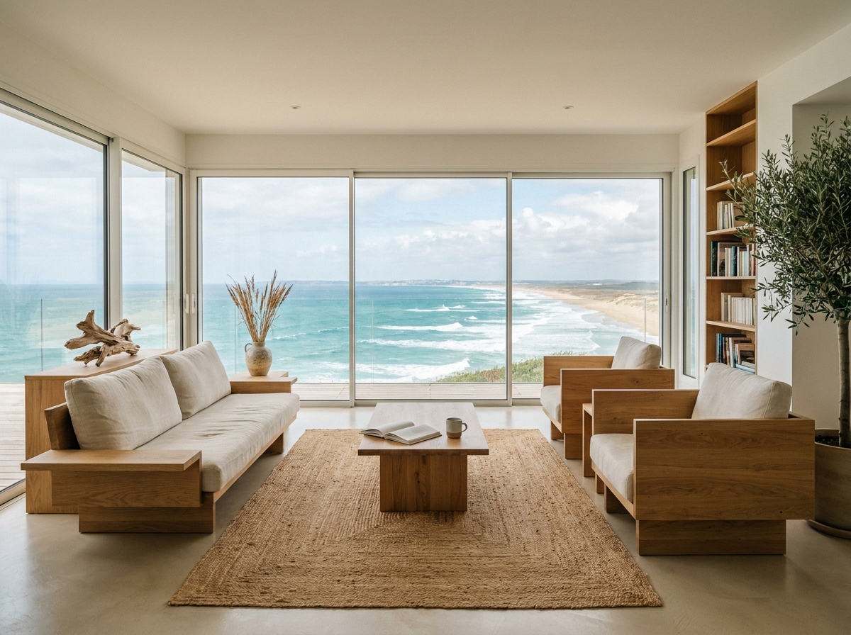Salon lumineux d'un appartement rénové à Saint-Nazaire avec grande fenêtre panoramique sur la plage et l'Atlantique