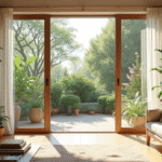 Salon moderne avec grande baie vitrée et plantes vertes