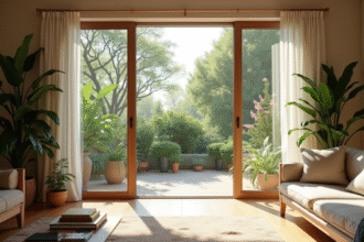 Salon moderne avec grande baie vitrée et plantes vertes