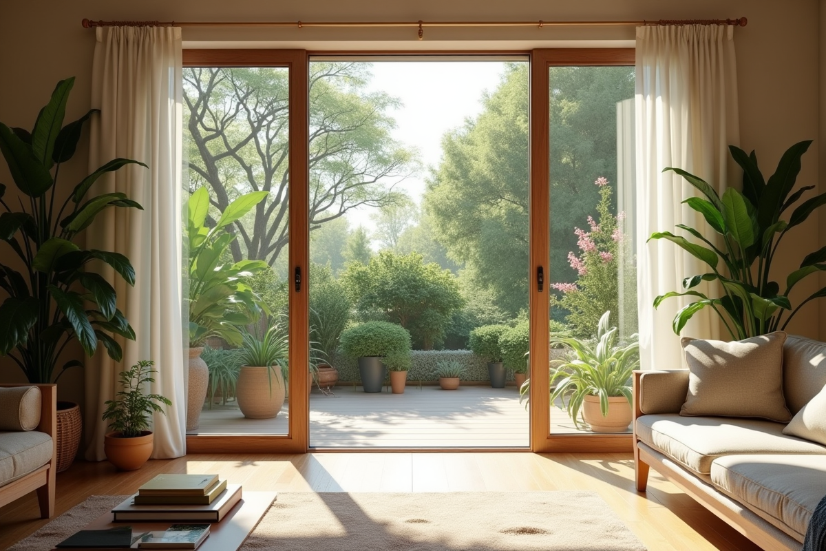 Salon moderne avec grande baie vitrée et plantes vertes