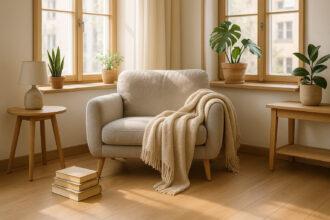 Salon scandinave avec coin lecture et fauteuil moelleux