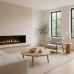 Salon moderne avec cheminée linéaire et décoration scandinave